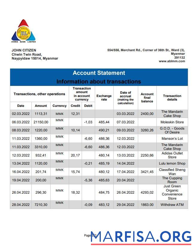 Blank Myanmar Innwa bank statement word real example